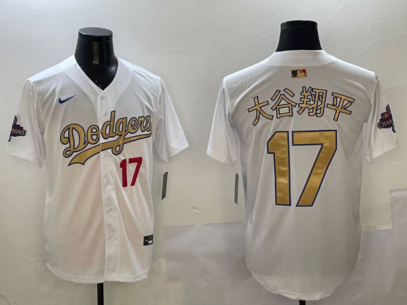 Men Los Angeles Dodgers #17 Ohtani White Champion gold character 2025 Nike MLB Jersey style 17